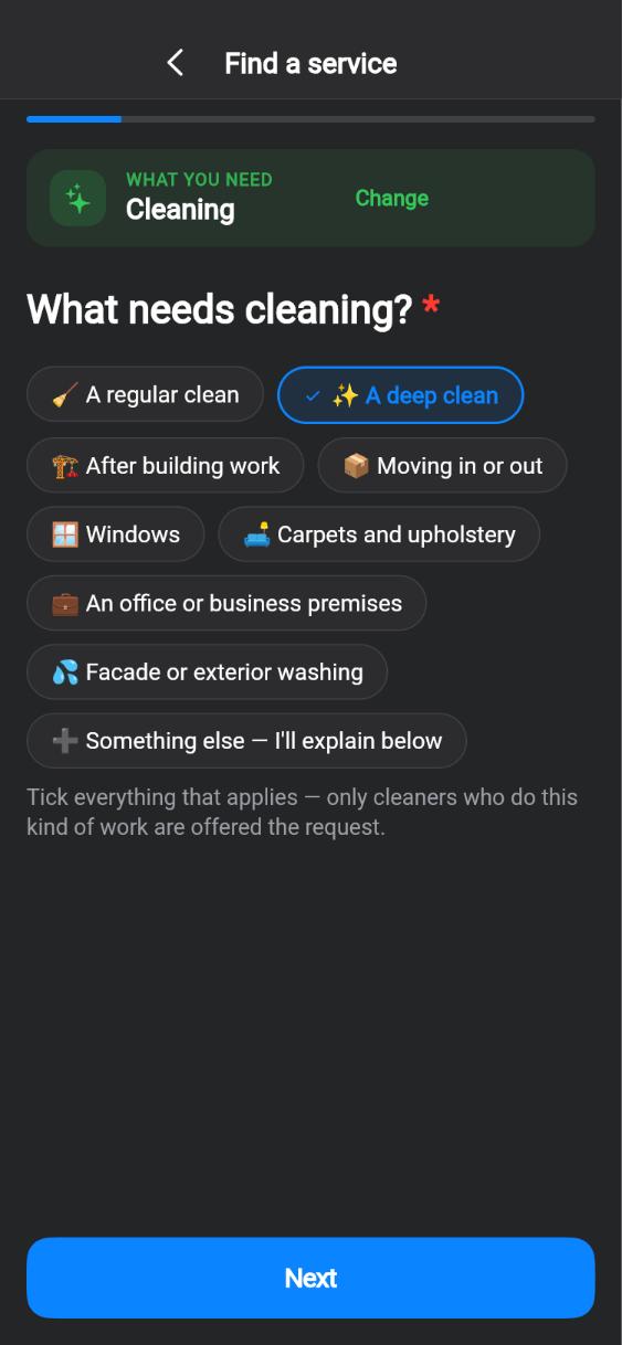 CUANDO app screen: What needs cleaning