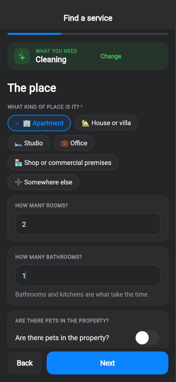 CUANDO app screen: Rooms, bathrooms and pets