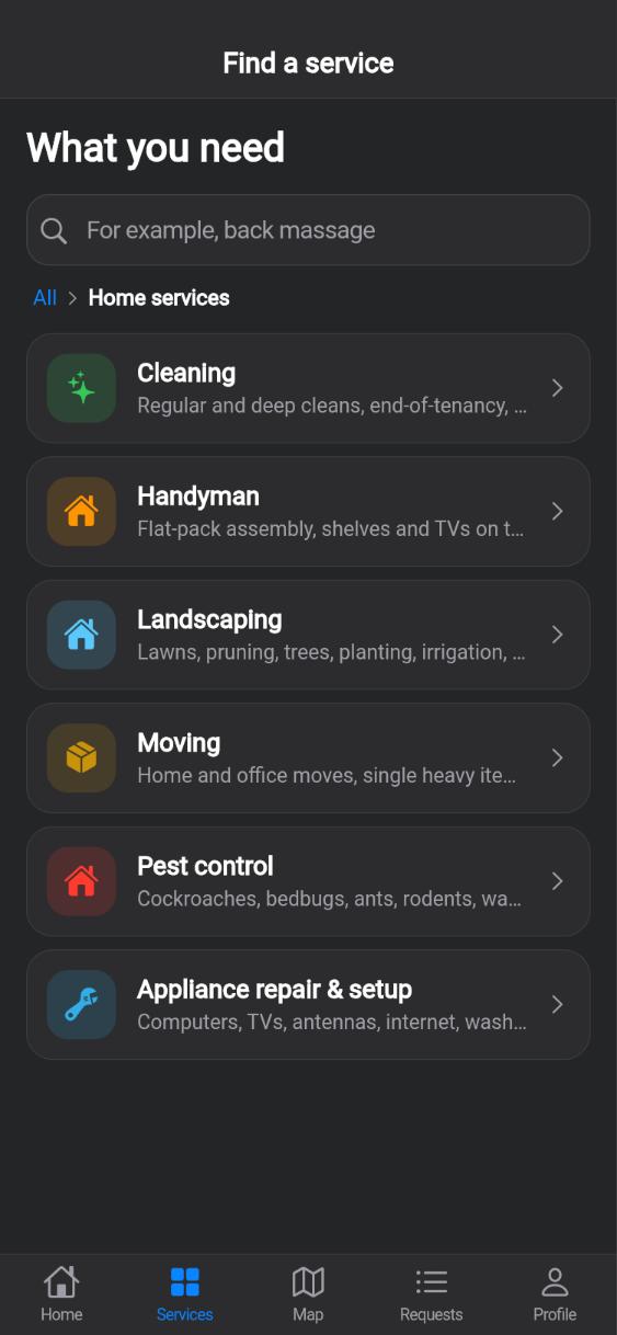 CUANDO app screen: Section: Home services