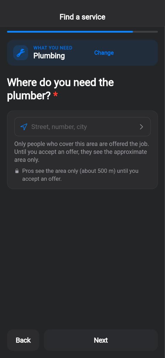 CUANDO app screen: Address: only the area is shown