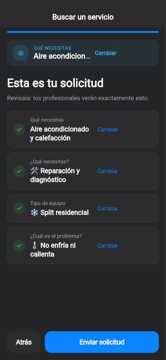 Pantalla de la app CUANDO: Revisar la solicitud