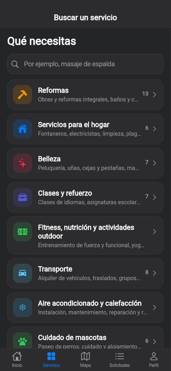 Pantalla de la app CUANDO: Sección: Aire acondicionado y calefacción