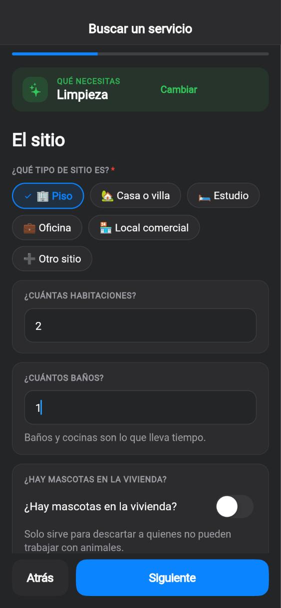 Pantalla de la app CUANDO: Habitaciones, baños y mascotas