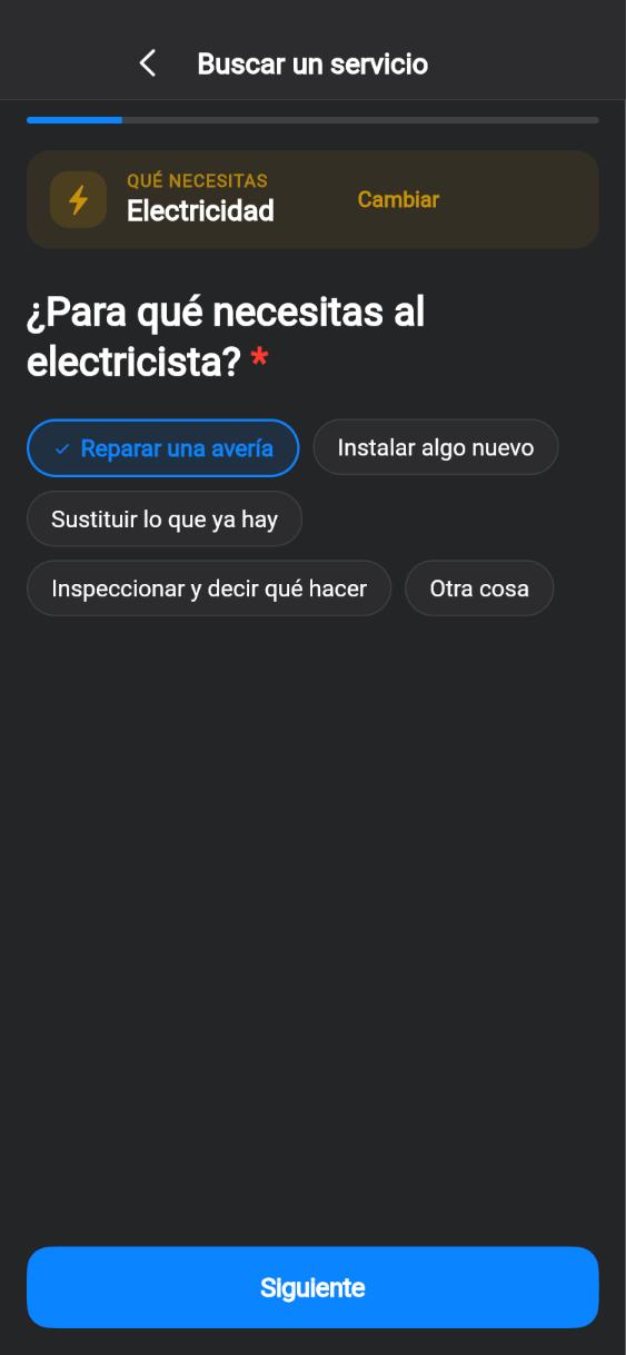 Pantalla de la app CUANDO: Para qué necesita al electricista