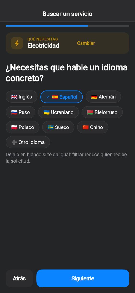 Pantalla de la app CUANDO: Idioma del profesional