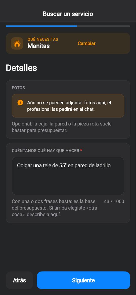 Pantalla de la app CUANDO: Detalles del trabajo