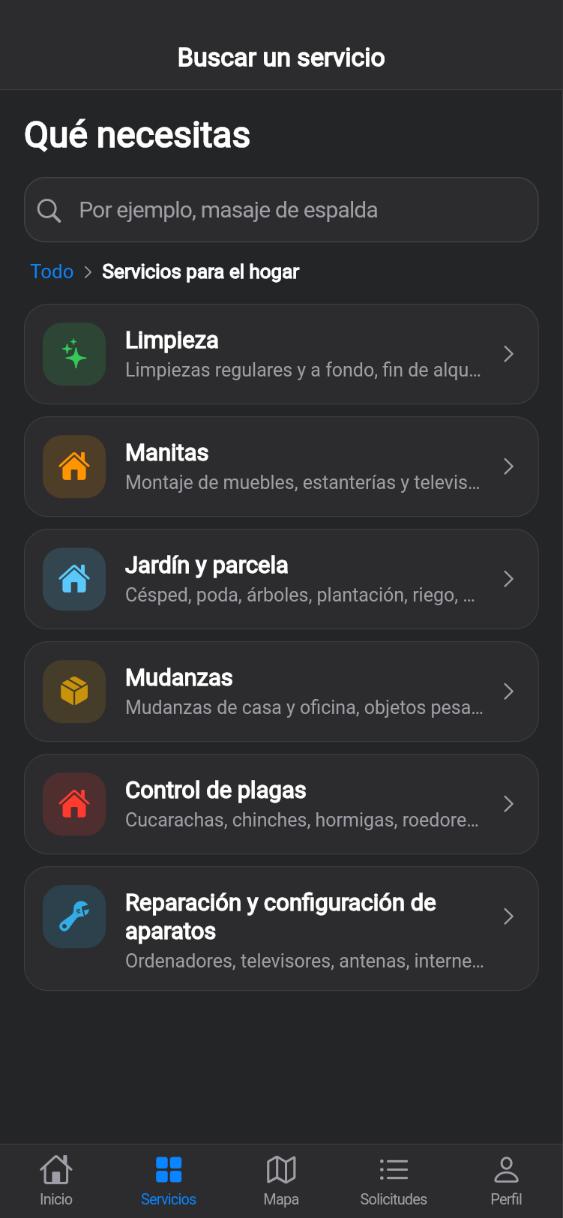 Pantalla de la app CUANDO: Sección: Servicios para el hogar