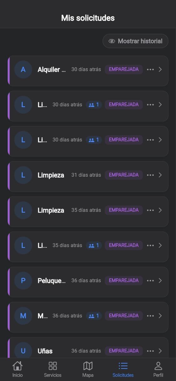 Pantalla de la app CUANDO: Sus solicitudes