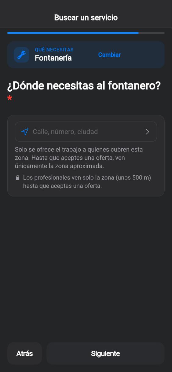 Pantalla de la app CUANDO: Dirección: solo se ve la zona