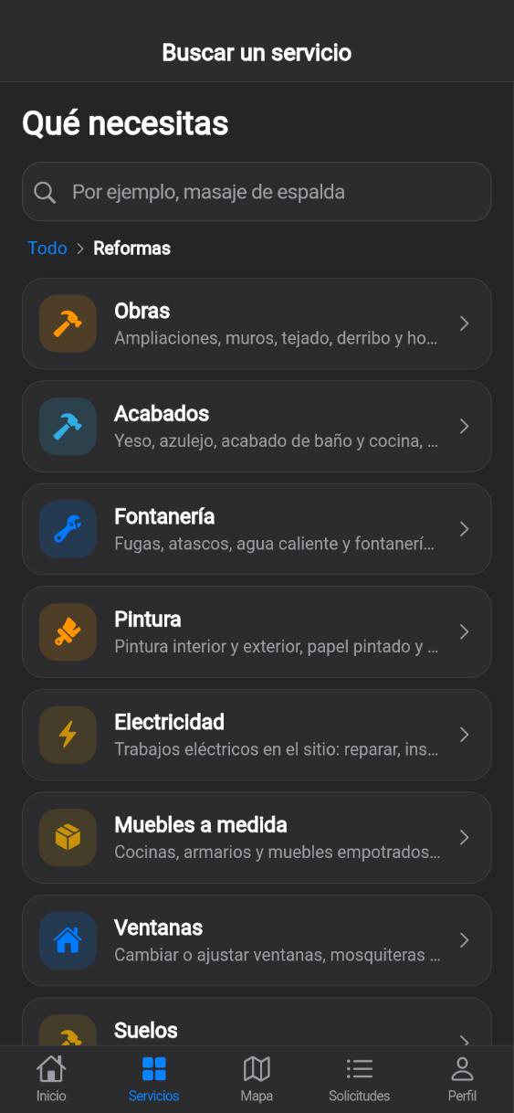 Pantalla de la app CUANDO: Sección: Reformas